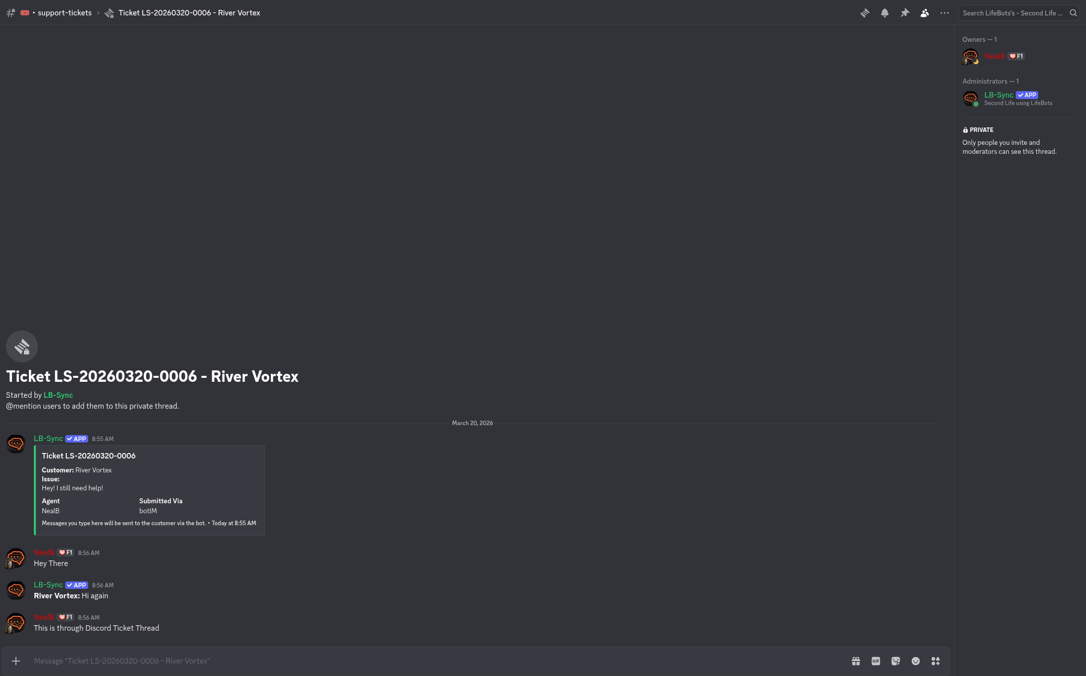Discord — private thread for a support ticket conversation